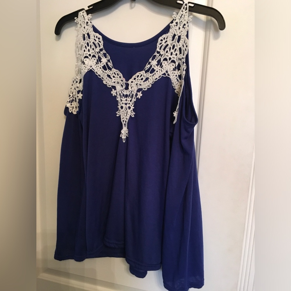 Women's Royal Blue Cold-Shoulder Lace Trim top, gorgeous! Like new.
